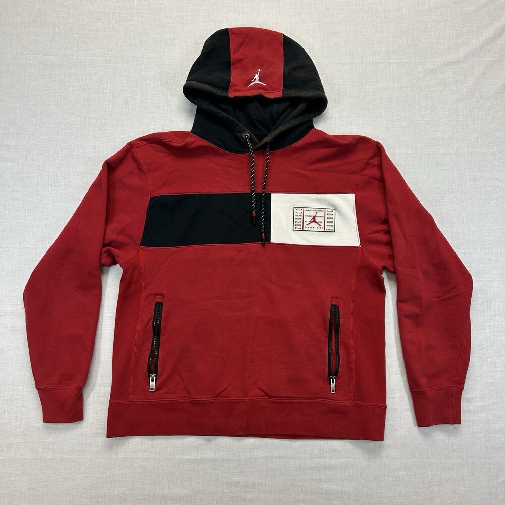 Jordan Legacy AJ11 Pullover Hoodie Mens Large Gym Red Black Zip Pockets Athletic